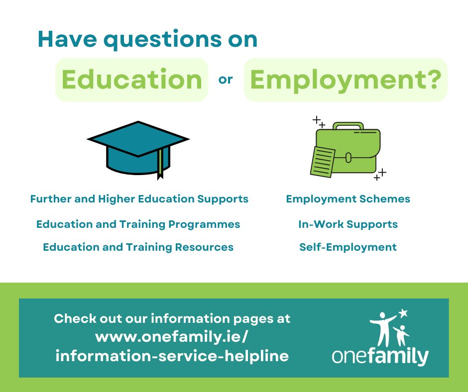Are you a lone or separated parent with questions on #Education or #Employment? Then we're here to help! Check out One Family's Helpline Information Pages here: onefamily.ie/information-se…