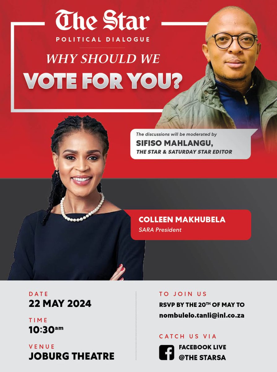 TheStar_news's tweet photo. Be part of the second instalment of The Star political dialogue. Moderated by The Star and Saturday Star editor, Sifiso Mahlangu.

RSVP's are now closed!!!

#TheStarNewspaper
#WhyShouldWeVoteForYou
#Elections2024

https://t.co/1CcToM6xEB https://t.co/m2o7ShuKKH