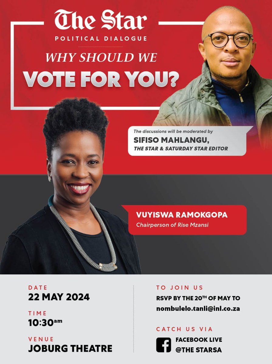 TheStar_news's tweet photo. Be part of the second instalment of The Star political dialogue. Moderated by The Star and Saturday Star editor, Sifiso Mahlangu.

RSVP's are now closed!!!

#TheStarNewspaper
#WhyShouldWeVoteForYou
#Elections2024

https://t.co/1CcToM6xEB https://t.co/m2o7ShuKKH