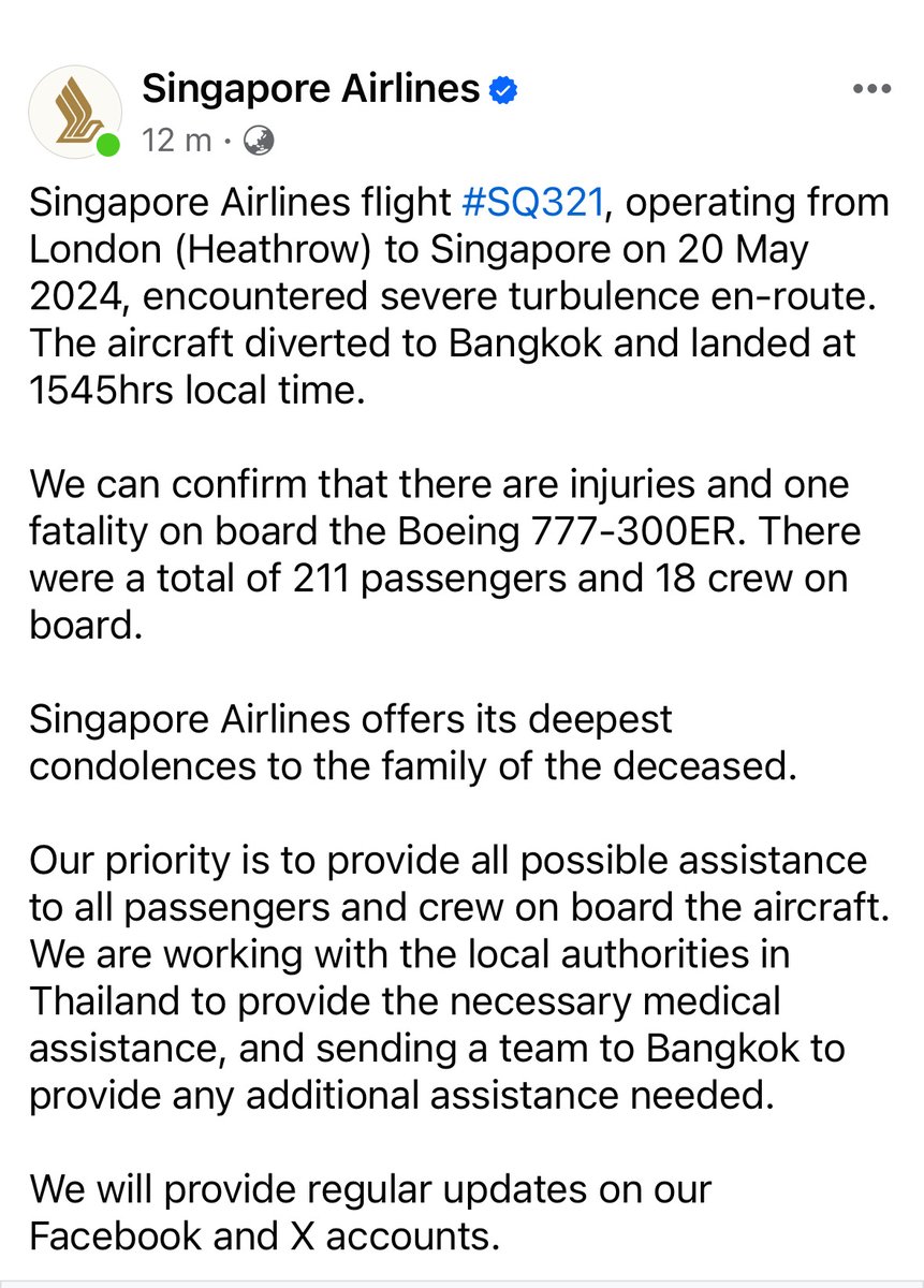 Singapore Airlines issues a statement on social media following flight SQ 321 from London's emergency landing at #Suvarnabhumi Airport Tues afternoon aft encountering air turbulence. One passenger died.
Airlines didn't specify the number of injuries. #singaporeairlines #thailand