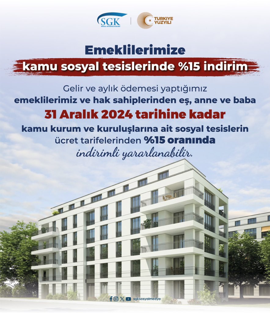 Emeklilerimiz 31 Aralık 2024 tarihine kadar kamu kurum ve kuruluşlarına ait sosyal tesislerin ücret tarifelerinden %15 oranında indirimli yararlanabilir.