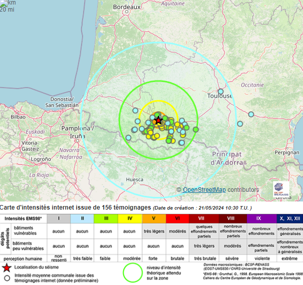 Un #tremblementdeterre est survenu à 11h23 dans les #HautesPyrénées ce 21 mai 2024. L'épicentre se situe au sud de #Tarbes. De nombreux habitants ont perçu la secousse d'une magnitude de 4,7. (via France Séisme)