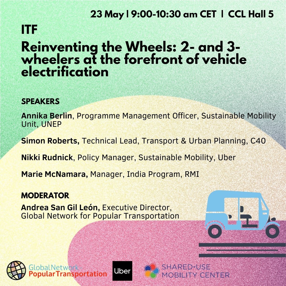 Will you be in Leipzig for the <a href="/ITF_Forum/">International #Transport Forum 🌎</a> Summit this week?

Join us to discuss 2-3 wheeler electrification this Thursday at 9am at CCL Hall 5, with representatives from <a href="/UNEP/">UN Environment Programme</a>, <a href="/Uber/">Uber</a>, <a href="/RockyMtnInst/">RMI</a> and <a href="/c40cities/">C40 Cities</a>

See you there!