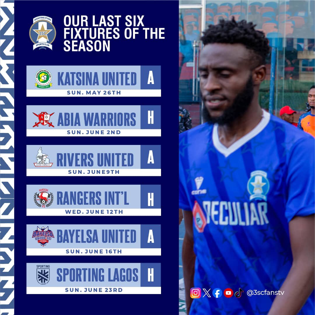 3scfanstv's tweet image. 🔵⭐️ Quick Rundown of Our Last 6 Matches!

Get ready for a thrilling end to the season, fans! With our current position on the log, we’re more motivated than ever to deliver spirited performances in every game.

Let’s make it count!

#ShootingStars #NPFL23 #FinalPush #WeAreReady