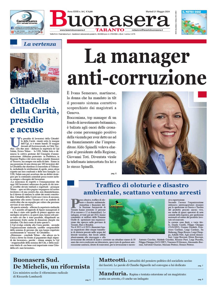 🔹️La manager anticorruzione #Toti 
🔹️Cittadella della Carità presidio e accuse <a href="/UGLConf/">UGL Confederazione</a> 🔹️ <a href="/finmeccanicaIT/">Leonardo</a> salta il tavolo in <a href="/RegionePuglia/">RegionePuglia</a>
<a href="/FIMCislStampa/">Fim Cisl Nazionale</a> <a href="/fiomnet/">Fiom-Cgil nazionale</a>
<a href="/UilmNazionale/">Uilm Nazionale</a>
🔹️ #Matteotti e l'attualità del riformismo socialista
#Signorile
