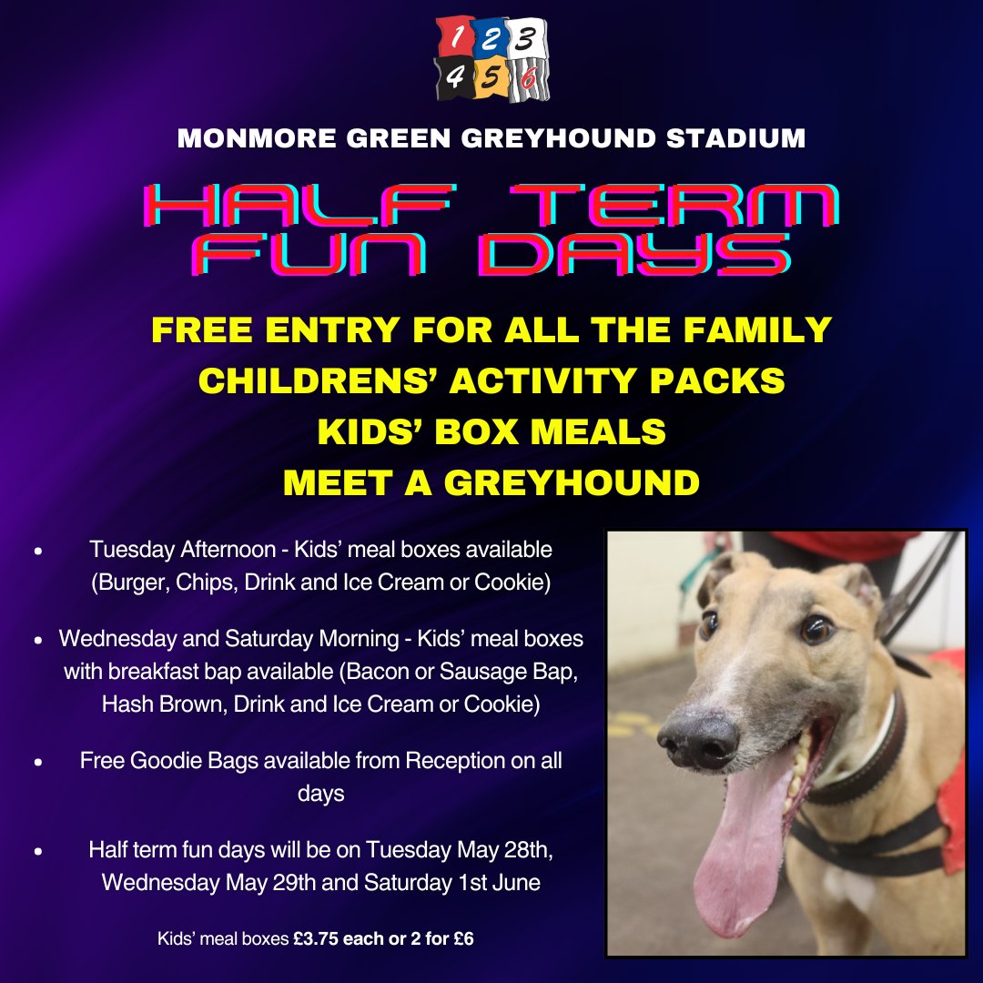 If you're looking for something to do with the kids during half-term next week, feel free to give us a visit on either Tuesday afternoon, Wednesday morning or Saturday morning 👍 Entry is FREE while there'll be goodie bags and box meals available 😊 monmoregreyhounds.com