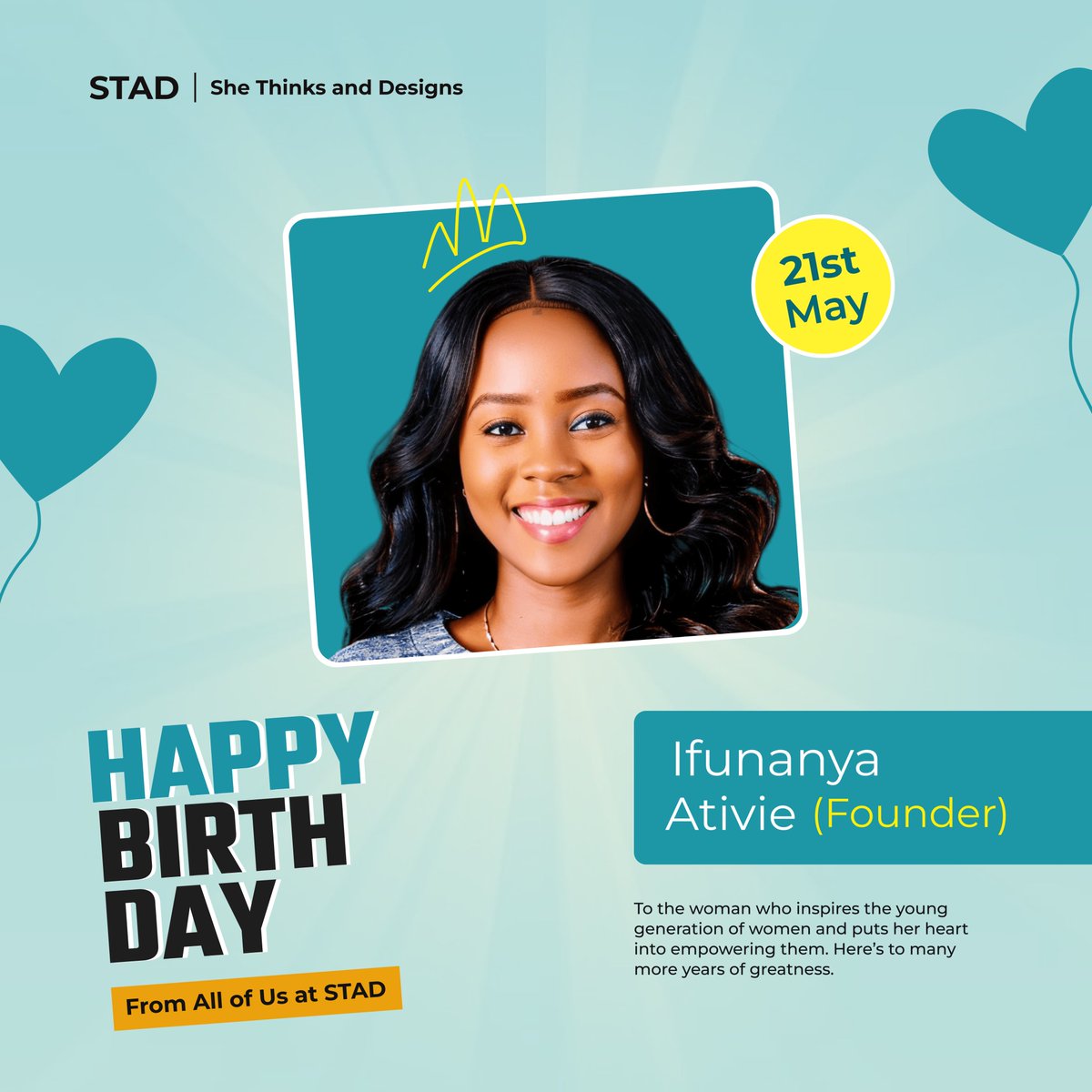 Hey STAD Family! 🎉

Today’s a super special day because it’s our amazing founder’s birthday!

Her vision , passion and dedication has made STAD such an awesome place for female designers to grow and shine.

Happy Birthday, Design Goddess! <a href="/IfunanyaNzewi/">Ifuy (Design goddess)</a>💖

#HappyBirthday