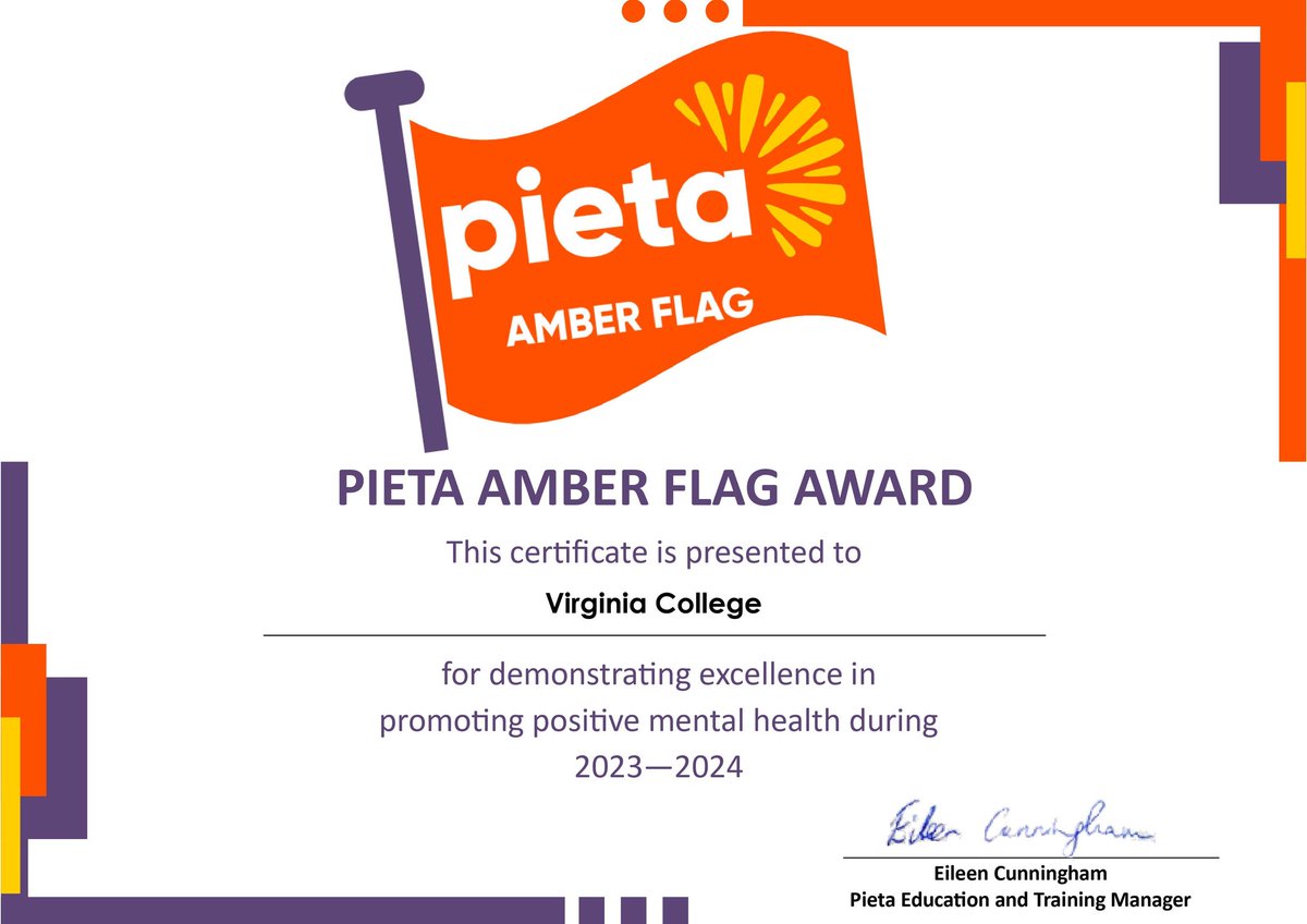 🔸🌟Amber Flag🌟️🔸️
@VirCollege is delighted to receive the excellent news that we have been awarded @PietaHouse #AmberFlag in recognition of our promotion of positive mental health 😁
Thank you to all involved in securing this accolade for us🙏
@CavMonETB