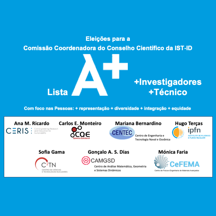 Nos dias 22 e 23 de maio, decorrem as eleições dos membros da Comissão Coordenadora do Conselho Científico da IST-ID

A Lista A tem as Pessoas que constituem a IST-ID como foco principal. São elas o maior e mais precioso recurso desta Instituição

Vota Lista A