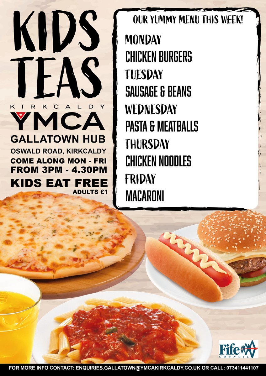 🥘 Kirkcaldy YMCA Gallatown Hub have shared their weekly menu for Kids Teas at the Hub! 📅 Come along from 3:00 - 4:30pm and enjoy a hot meal, kids eat free. For more information, see below. 👇 #KidsEatFree #KidsTeas #Kirkcaldy