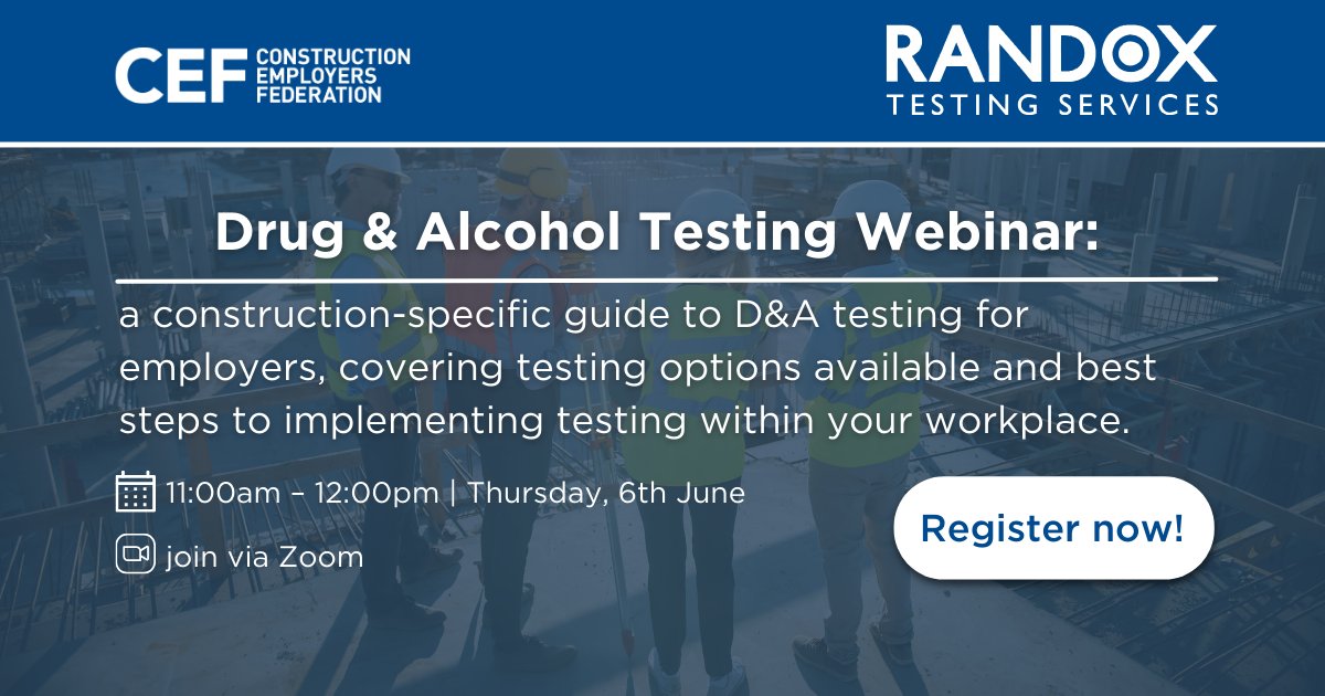 Join CEF for this informative webinar with @RandoxTesting that will provide a construction-specific guide to Drug & Alcohol Testing👉tinyurl.com/sw7sawm5 This webinar will cover all the need-to-know information construction employers must consider on the topic of D&A testing.