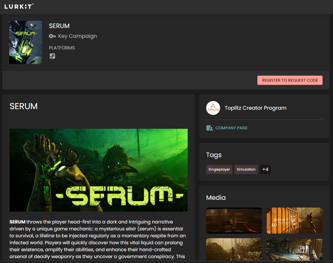 ATTENTION CREATORS! 📢 Serum early access keys are now available on @lurkitcom! Do not miss your chance to register for a code now! 💉💚 #TwitchStreamer #ContentCreators #SteamKeys 🔗 lurkit.com/campaigns/serum