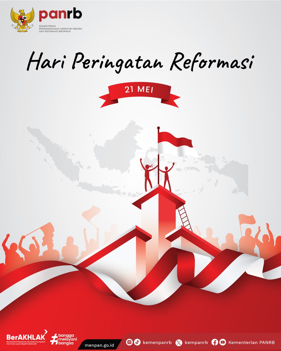 Selamat Hari Peringatan Reformasi!

#RekanASN, reformasi sejatinya adalah perubahan dan kesinambungan, yang baik wajib dilanjutkan, yang tidak baik terus dikoreksi dan diperbaiki.

Marilah kita galakkan reformasi mental dan pola pikir agar Indonesia tetap tangguh!
__
#KemenPANRB