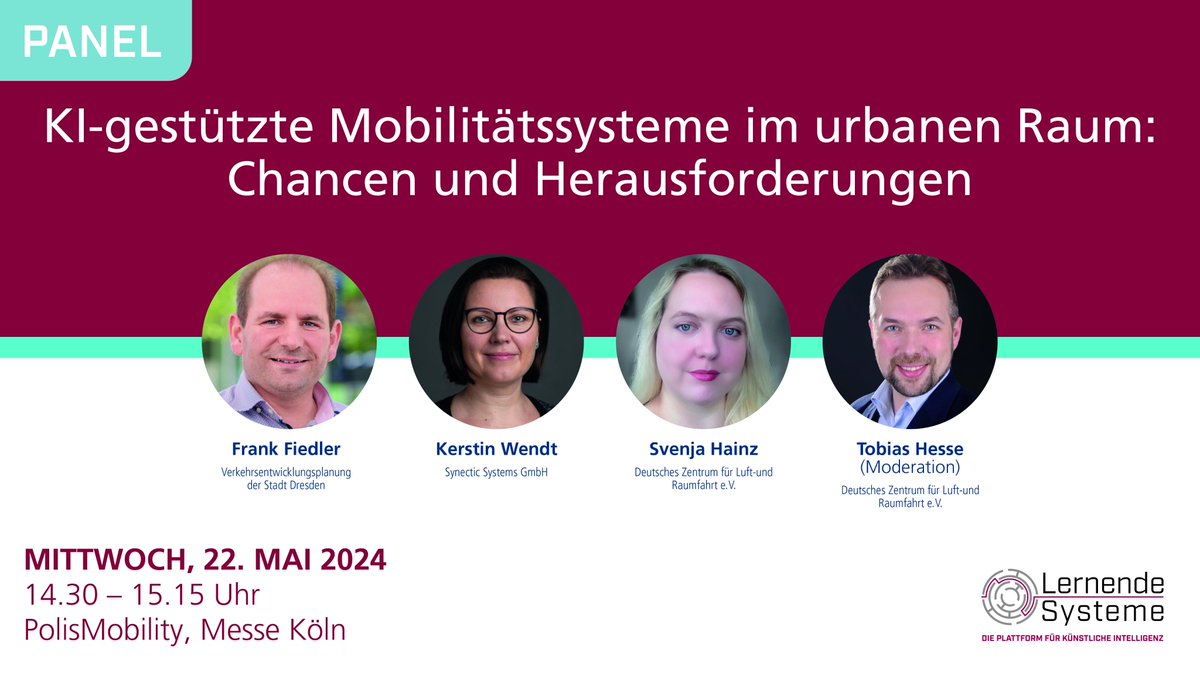 Morgen sind wir auf der @polisMOBILITY in Köln! Wie #KI den Stadtverkehr der Zukunft unterstützt, diskutieren unsere ExpertInnen 👉 plattform-lernende-systeme.de/newsroom/polis… #futuremobility #ai #verkehrswende @DLR_de @acatech_de