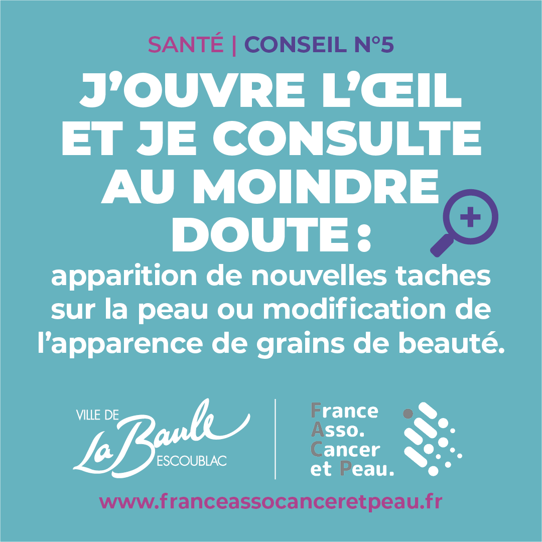 VilleLaBaule's tweet photo. #MAIVIOLET
Profitons du soleil ☀️ en toute sécurité
Conseil n°5 J'ouvre l'œil : je fais attention à l'apparition de nouvelles taches sur la peau ou modification de l'apparence de grains de beauté
👉 En savoir https://t.co/1BVvc3EF6Y
#SensibilisationAuMélanome #Prévention https://t.co/pH9qiP7ea2