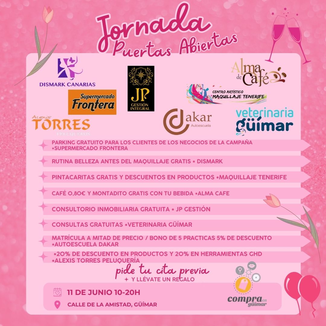 DismarkCanarias's tweet photo. 🎉 ¡Hola a todos y todas! 🎉
🚪 Estáis cordialmente invitados a nuestra primera jornada de puertas abiertas en Calle La Amistad.
🗓️ Fecha: 11 de junio ⏰ Horario: 10:00 a 20:00
#PuertasAbiertas #CalleLaAmistad #Promociones #Actividades #Comunidad #compraencomerciolocal #guimar https://t.co/Rg2fatbnNQ