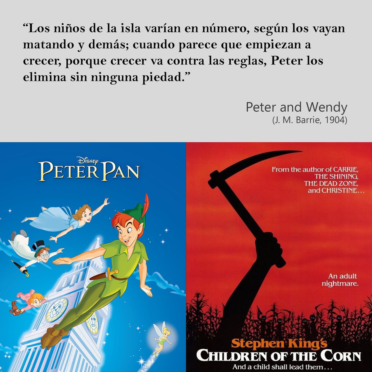 La etiqueta 'Twisted Tale' a menudo es innecesaria, por redundante. Los cuentos clásicos suelen ser retorcidos de por sí, sin falta de 'versiones oscuras'.
Está bien recordar que el Peter Pan original de J.M. Barrie es un precursor de 'Los chicos del maíz' de Stephen King.