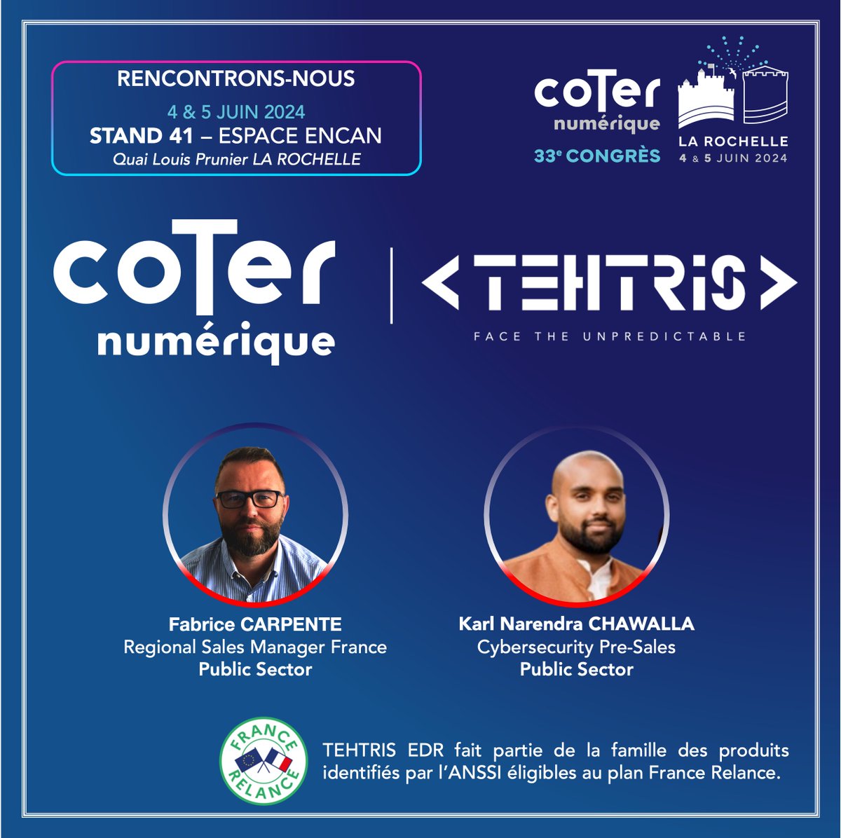 tehtris's tweet photo. Rdv au CoTer Numérique 🇫🇷 les 4-5 Juin 📍Stand 41 pour partager sur vos enjeux #cybersécurité :
🎯 sécurisation IT/OT, conformité 🇪🇺 #NIS2, mutualisation des ressources, #SOC #ManagedDetectionResponse, hyperautomatisation & #IA pour détecter & neutraliser #cyberattaques.
1/2 https://t.co/dIVgJMKXk9