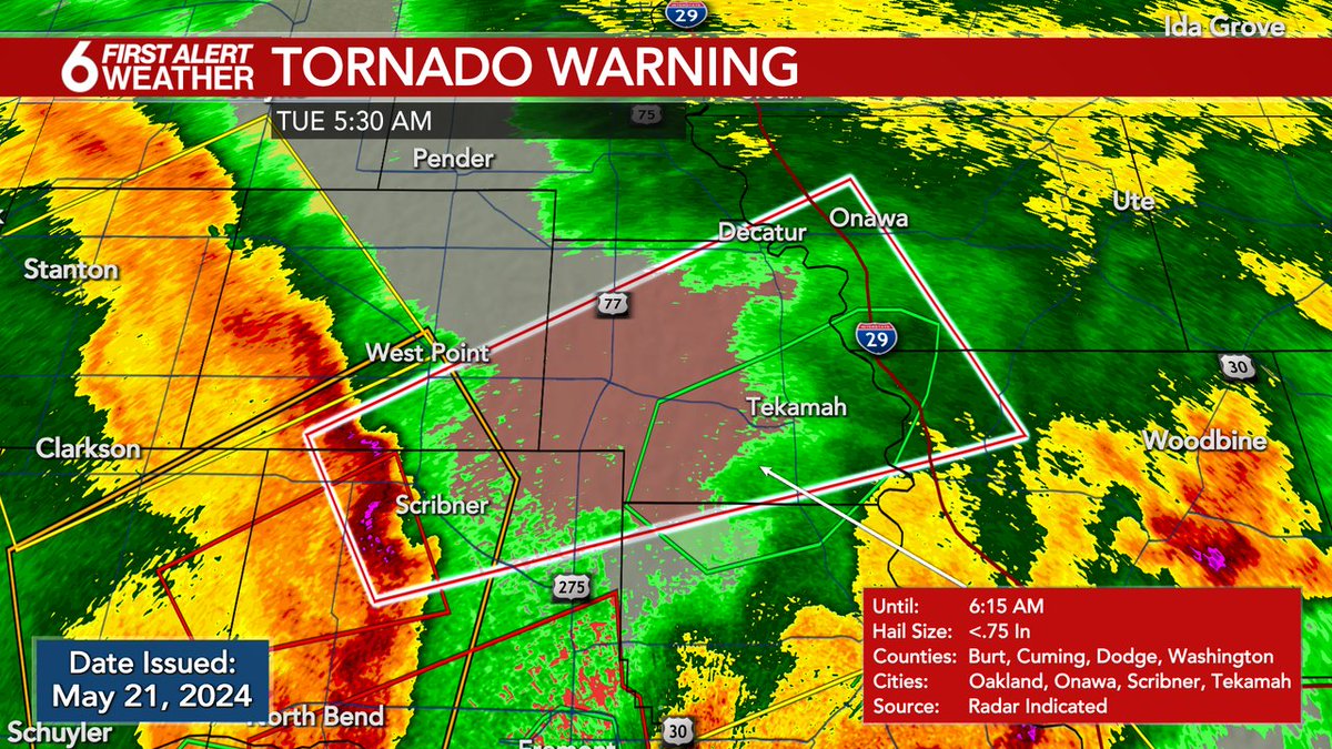 FIRST ALERT: A Tornado Warning is in effect until May 21 6:15AM for Burt, Monona, Dodge, Cuming, Harrison, Washington counties. Tune to 6 News and the WOWT First Alert Weather app for more information.