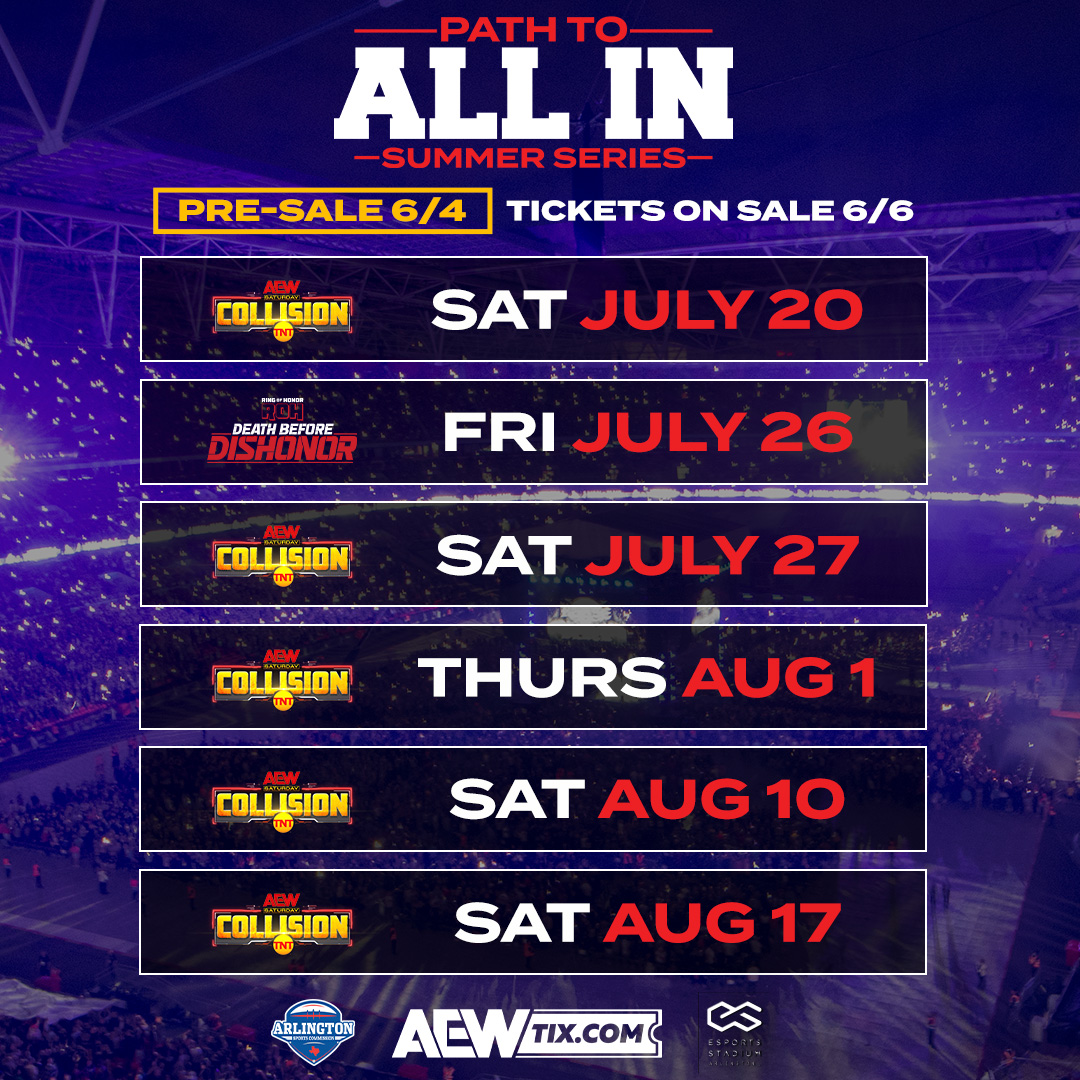 AEWLive's tweet photo. AEW and the City of Arlington have partnered to host a summer series of events on the Path To #AEWAllIn, from @esportsstadium starting Saturday, July 20!
Pre-Sales begin on Tuesday, June, 4 at 10am CT! Sign up to become an AEW Insider to get early access to tickets and more! https://t.co/Oh2IzECyB1