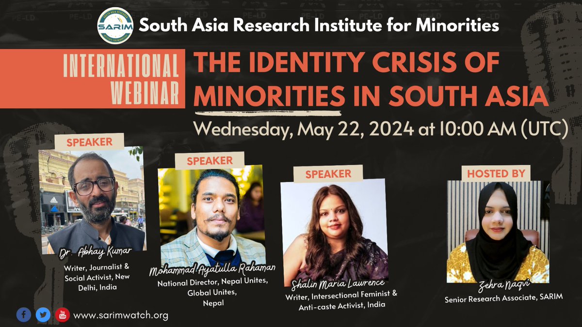 Join us for an eye-opening webinar on 'The Identity Crisis of Minorities in South Asia,' featuring some of the most amazing speakers sharing their insights and experiences. Don't miss this crucial conversation!