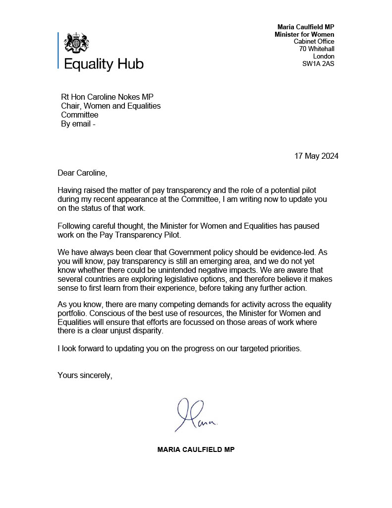 Our Chair @carolinenokes has urged the Government to reconsider its plan to abandon the Pay Transparency Pilot, which seeks to tackle the gender pay gap in the UK.

Read the letter from @mariacaulfield, the Minister for Women, explaining the pause 👇
committees.parliament.uk/committee/328/…