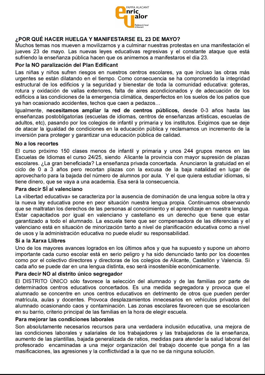 #23m tienes algo q decir, concentraciones:
12 h.-DT. Educativa C/Carratalá, 47
18 h.-Escaleras IES Jorge Juan Alicante

XQ SI NO ACUDIMOS NOSOTROS PARA DEFENDER NUESTRO COLEGIO... ¿QUIÉN ESPERAS Q LO HAGA X TÍ?.
@flampalocalA <a href="/FapaEnricValor/">FAPA Enric Valor</a> <a href="/FAMPACS/">FAMPA Castelló</a> <a href="/FAMPAValencia/">FAMPA-València</a> <a href="/cgonzaloanaya/">Confederació d'AMPA Gonzalo Anaya</a>