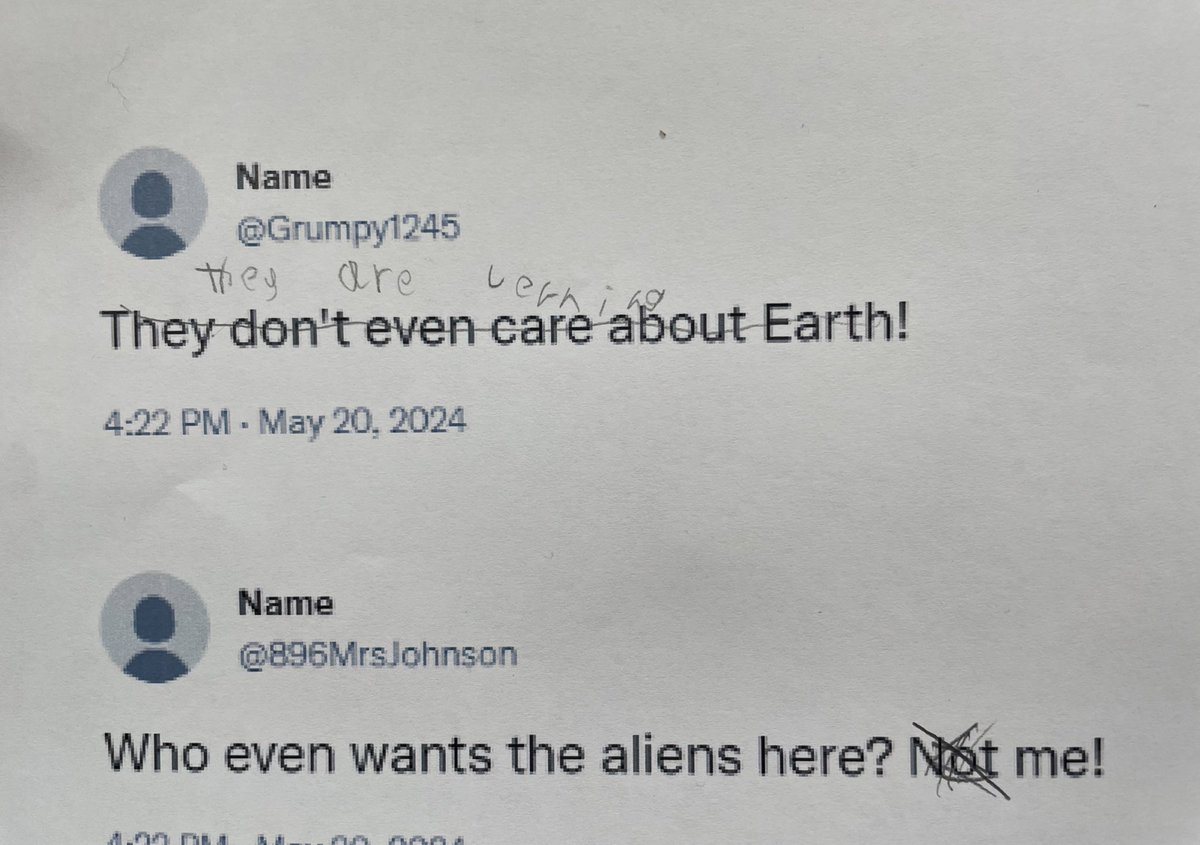 Sadly there have been some negative tweets about the alien visitors! Luckily, Year One can use the Essential Skill of staying positive to change the comments from negative to positive! <a href="/BarntonMissR/">Miss Rutter</a> <a href="/BarntonMrsRW/">Mrs Wieckowski</a> #BCNPSCrashLanding 👽