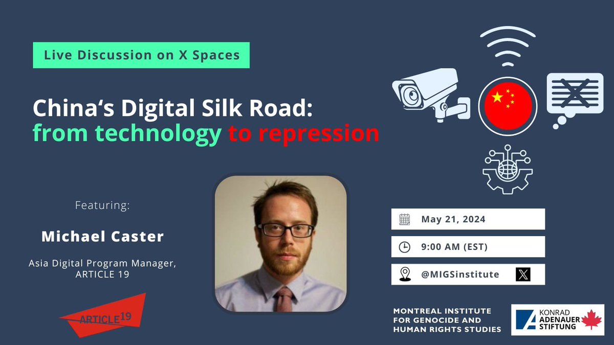 New event (short notice)
🗓️21st May
🕘9am Eastern Time 

Join @michaelcaster of @article19org talking 'China's Digital Silk Road: From Technology to repression' hosted by @MIGSinstitute 

x.com/i/spaces/1eaKb…