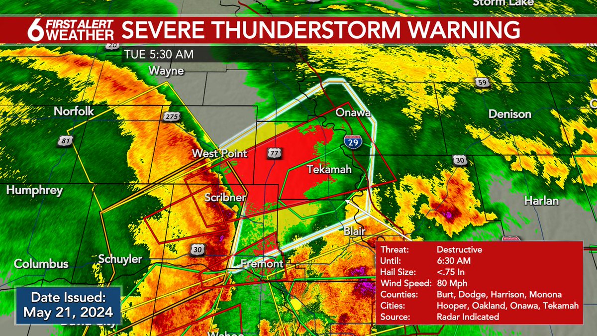 FIRST ALERT: A Severe Thunderstorm Warning is currently in effect for Burt, Monona, Dodge, Thurston, Washington, Cuming, Harrison counties until May 21 6:30AM. Check the WOWT First Alert Weather app and 6 News on air for more information.