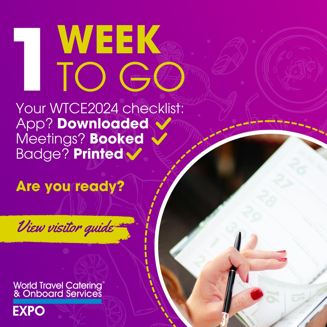 1 week to go till WTCE 2024. 
App downloaded? ✔️ 
Meetings booked? ✔️ 
Badge printed? ✔️ 

Prepare to immerse yourself in the latest in #airlinecatering and #passengercomfort – Are you ready? 
bit.ly/44SRgld

#WTCE2024
