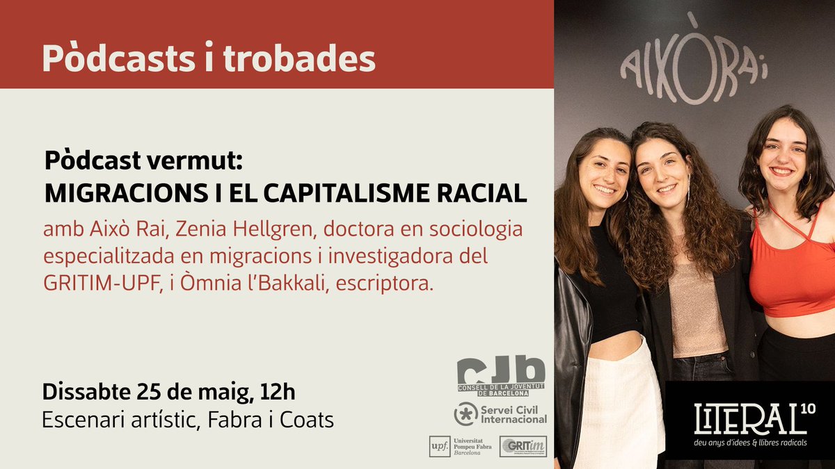 📖 Dissabte ens trobem a la <a href="/LiteralBCN/">Fira Literal</a> per parlar sobre com es relaciona el capitalisme amb les migracions dins del nou ordre mundial.

Amb <a href="/aixorai_/">Això Rai</a>, @zeniahellgren i <a href="/omniament/">Òmnia L’Bakkali</a>✨