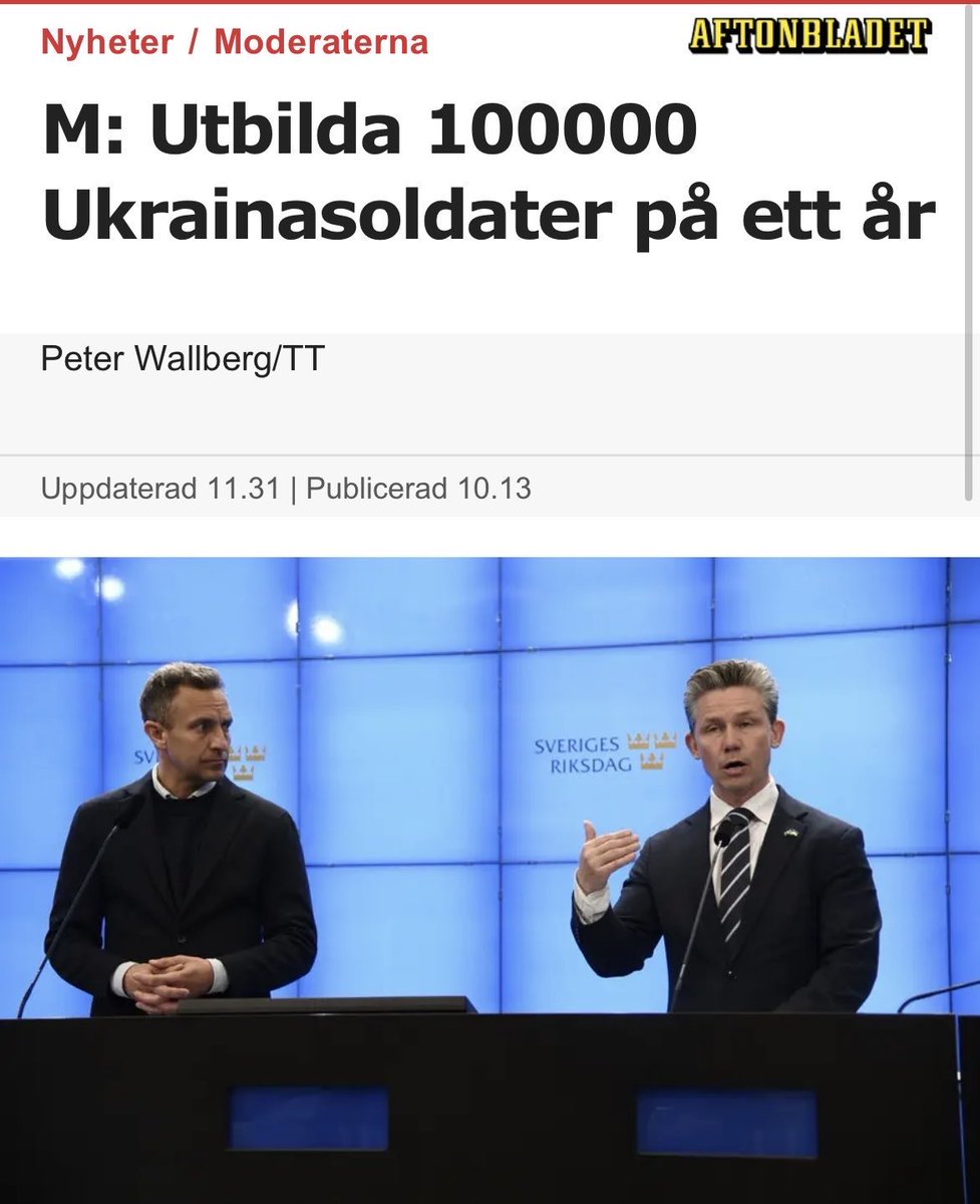 Europa ska stödja Ukraina så länge det krävs. Putin får inte vinna. EU måste agera långsiktigt och öka stödet.   Därför ge vi moderater ett nytt besked idag. Vi vill att EU ska ha utbildat minst 100 000 ukrainska soldater inom ett år.   Läs mer här: aftonbladet.se/nyheter/a/mPRO…