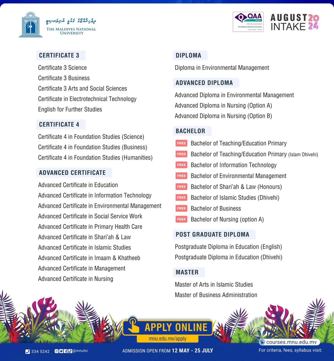Browse our courses announced for August 2024 Intake! 📜

Admission deadline: 25th July 2024

Course Info: courses.mnu.edu.mv

Apply through our portal 👇
portal.mnu.edu.mv

#MNU #StudyatMNU #GaumuBinaakurun #1universityinthemaldives #AugustIntakes2024 <a href="/followers/">はうはう</a>