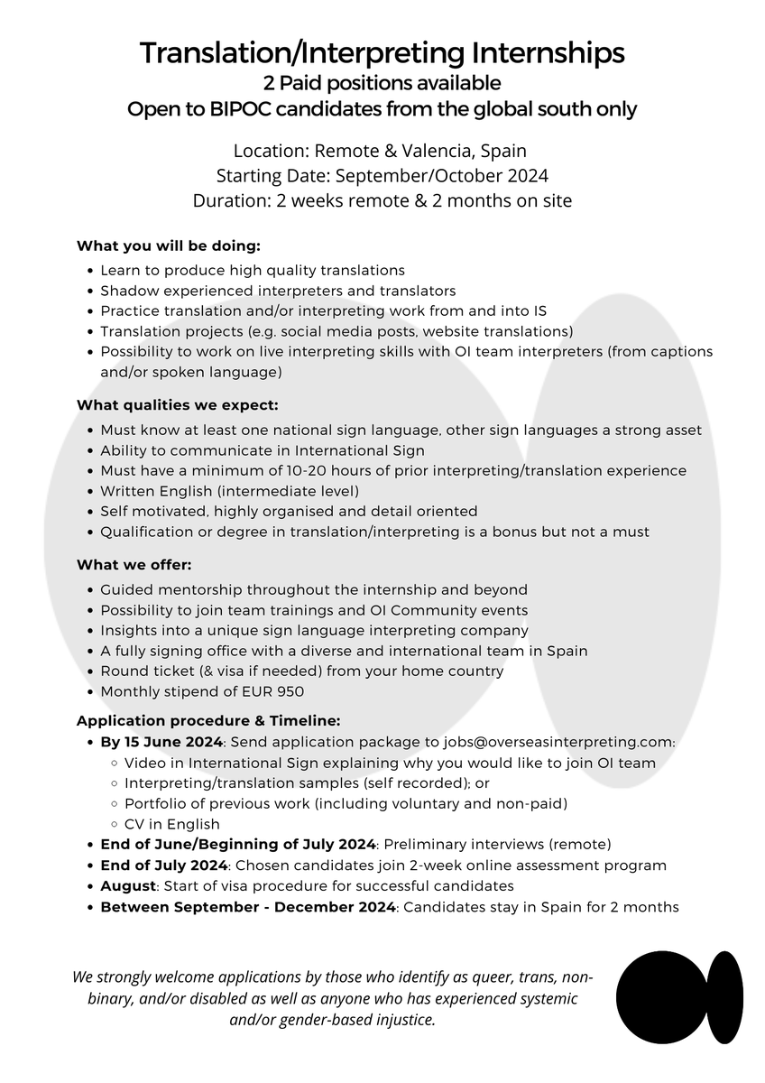 Are you a BIPOC candidate from the Global South? Passionate about language and eager to develop your skills in translation/interpreting?

If yes, we encourage you to apply for this internship opportunity. Check out the document below for more info and send us your application!