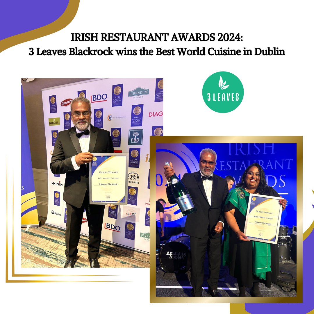 🌟We are delighted to announce that 3 Leaves Blackrock won the ' Best World Cuisine In Dublin' title at the Irish Restaurant Awards 2024 last night   🌟 #FoodOscars @restawards
Thank you all for nominating us for this award. We are so grateful to you all.