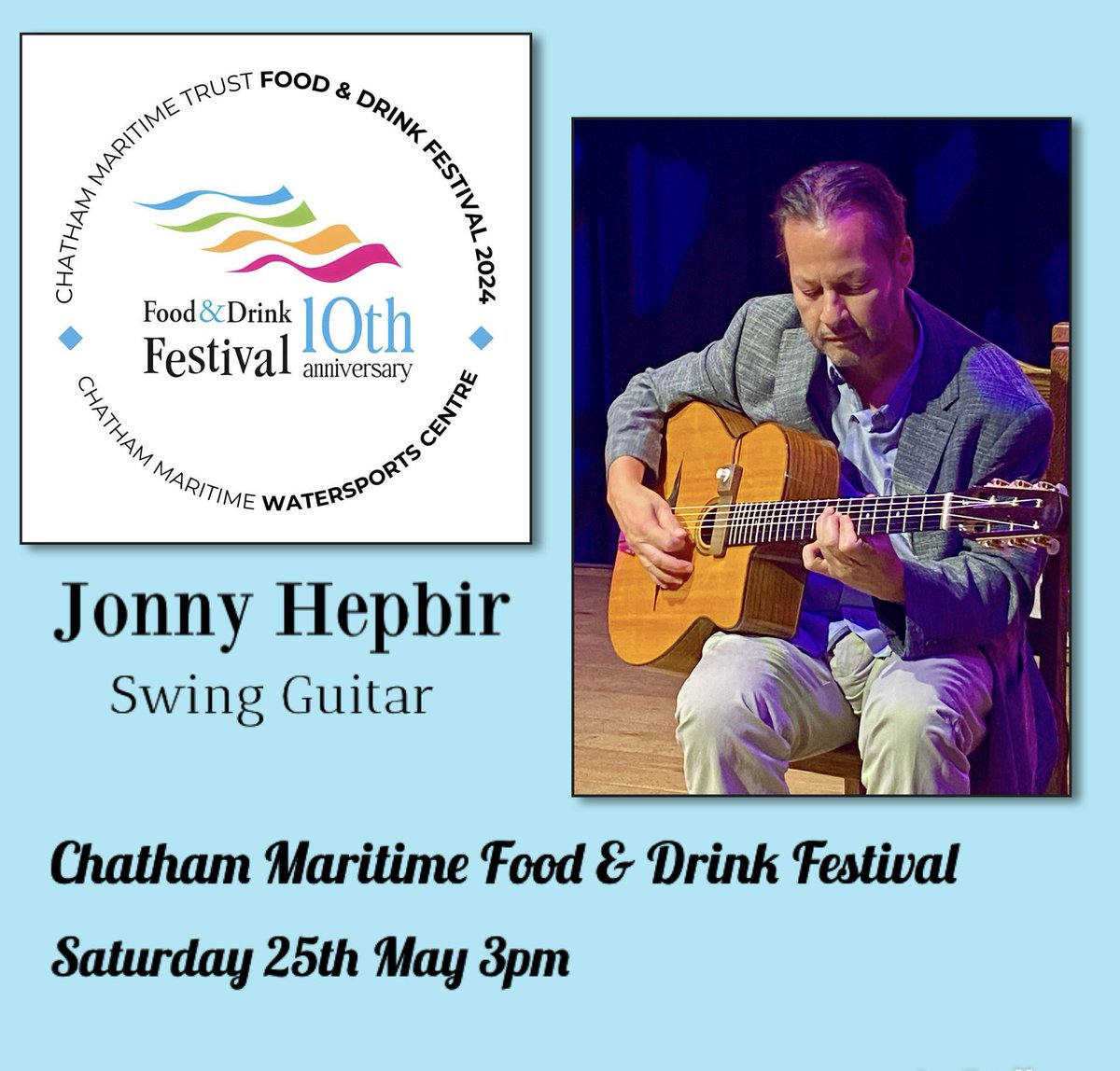 JonnyHepbir's tweet photo. This Saturday 25th May 3pm I’ll be playing a set of #gypsyjazz #djangoreinhardt style swingers at the popular @ChathamFestival as part of their 10th anniversary celebration. #chatham #chathamkent #chathamfoodanddrinkfestival #swingjazz #acousticguitar #gypsyswing https://t.co/sKzQ2MhmVH