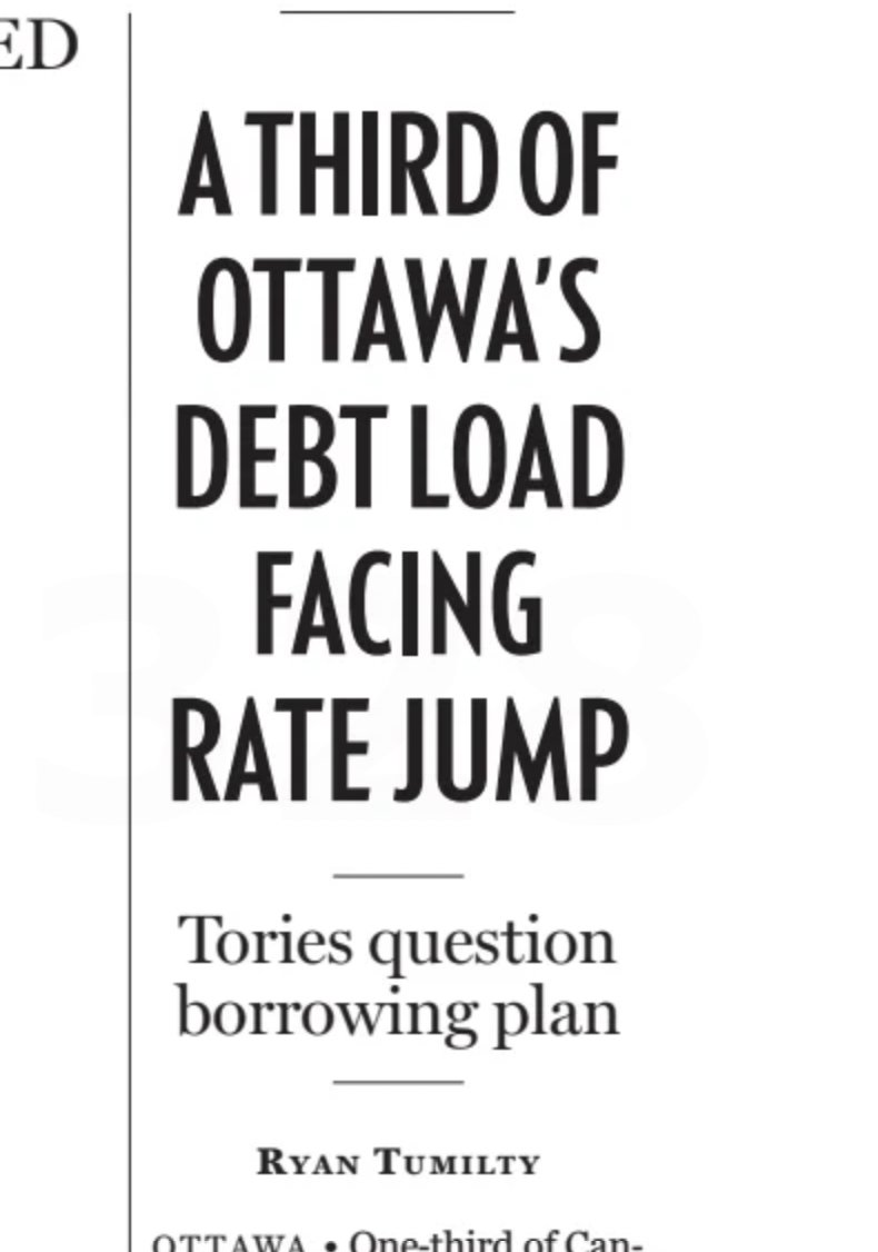 [Math is hard...] One-third of Canada’s debt will be refinanced this year at elevated interest rates, a significant cost to taxpayers that Conservatives argue could have been avoided if the government had issued more of the country’s debt in the form of long-term bonds when