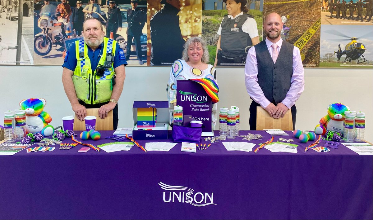glospolunison's tweet photo. HQ today with PCSO Jon Chapman, Branch Secretary Dawn Eccles and Assistant Branch Secretary Dan Mitchell.  Supporting UNISONS year of the LGBT+ worker. https://t.co/rUX3wg6YmF