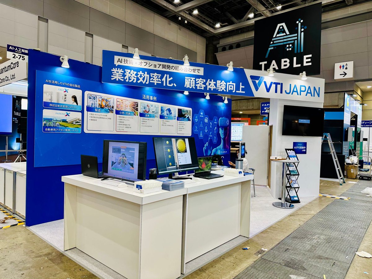 vti_japan's tweet photo. AI人工知能EXPOにて設営完成!😍
明日から3日間、AIソリューション・デモをご紹介します。
お待ちしております。\(^^)/
#NextTechWeek
#AI人工知能EXPO https://t.co/1qrE235nuP