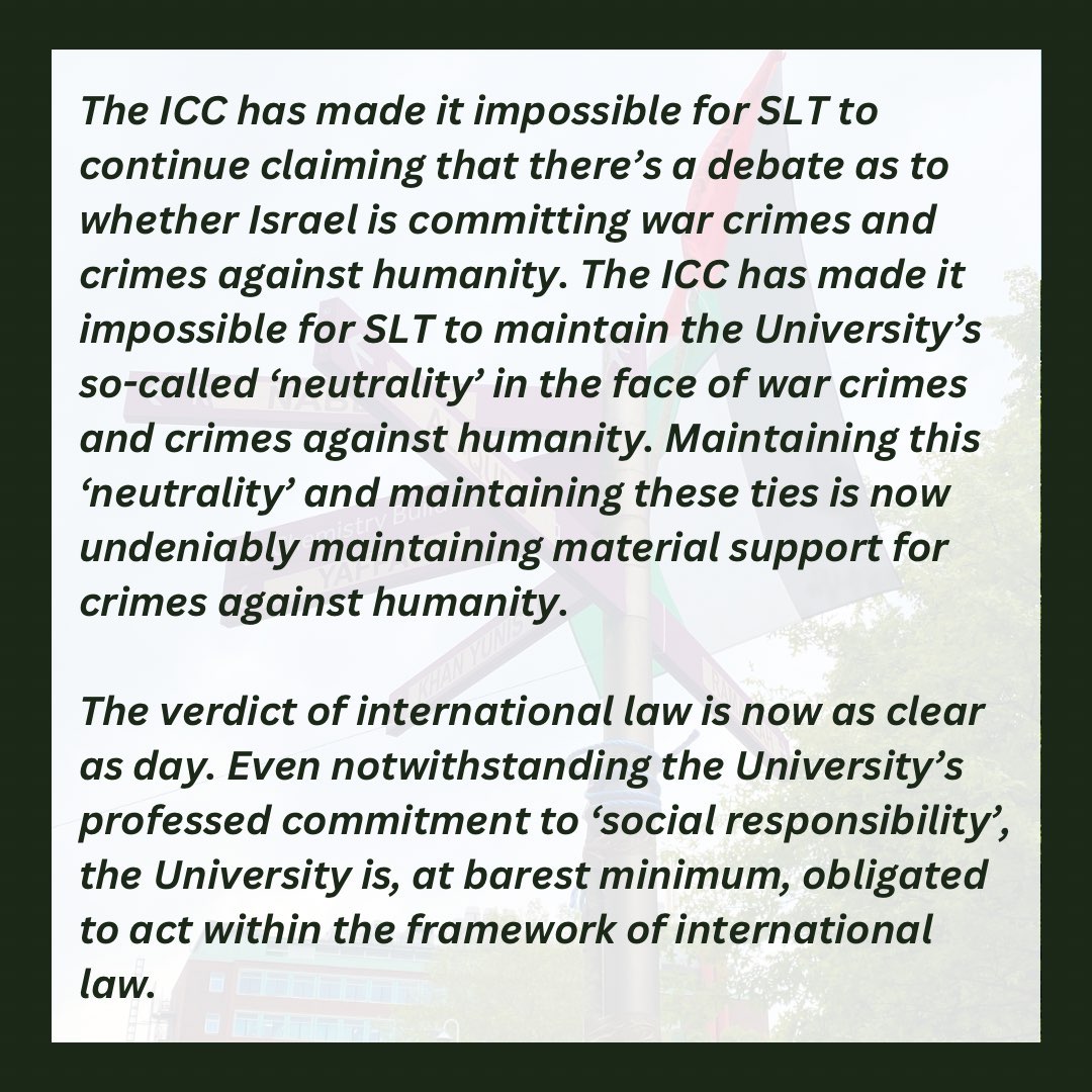 Staff statement to University of Manchester's Board of Governors and Senate. The filing for ICC arrest warrants for Netanyahu and Gallant will make UoM materially complicit in crimes against humanity. Here's why: 🧵1/2