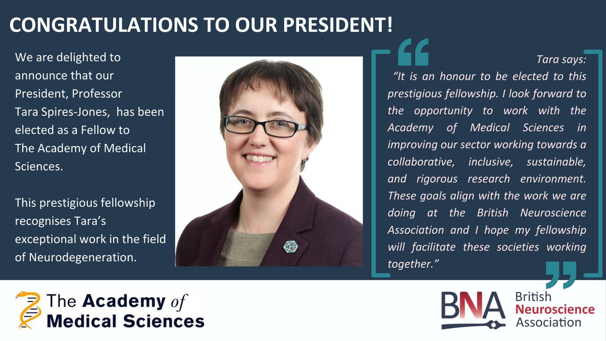 We are delighted to confirm that today, our President, Professor @TSpiresJones has been elected as a Fellow to @acmedsci . This prestigious #fellowship recognises Tara’s exceptional work in the field of #Neurodegeneration. bna.org.uk/mediacentre/ne…