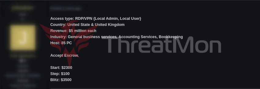 🚨 Alleged US RDP/VPN Access Sale A threat actor has claimed to have RDP/VPN type access to a company in the General business services, Accounting Services, Bookkeeping industry located in the United States and the United Kingdom and is offering this access for sale. #Access