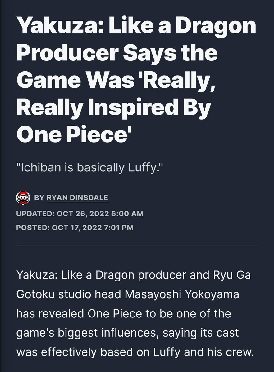 jack840A's tweet photo. Fun fact: Yokoyama said that one of Yakuza 7 biggest influences is One Piece. He also comments that Ichiban is basically Luffy. https://t.co/XJ2HDyHSMY