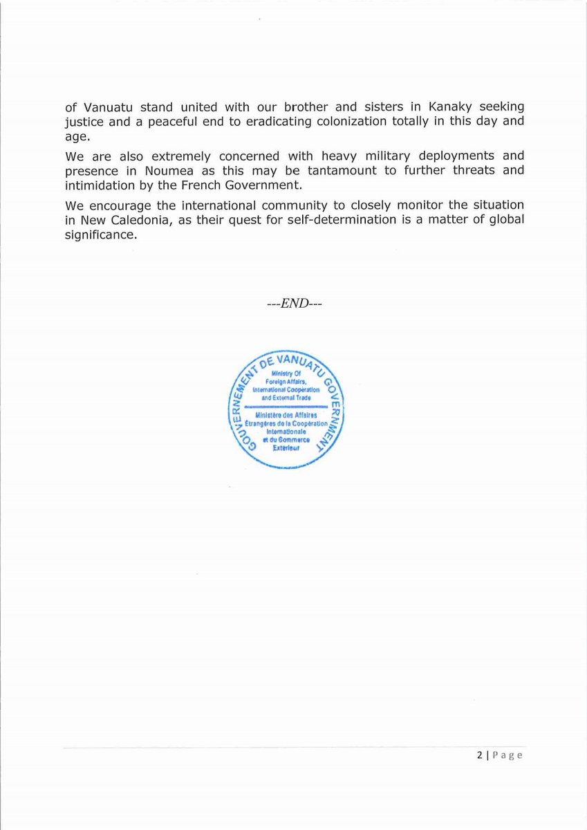 Vanuatu 🇻🇺 statement on New Caledonia situation