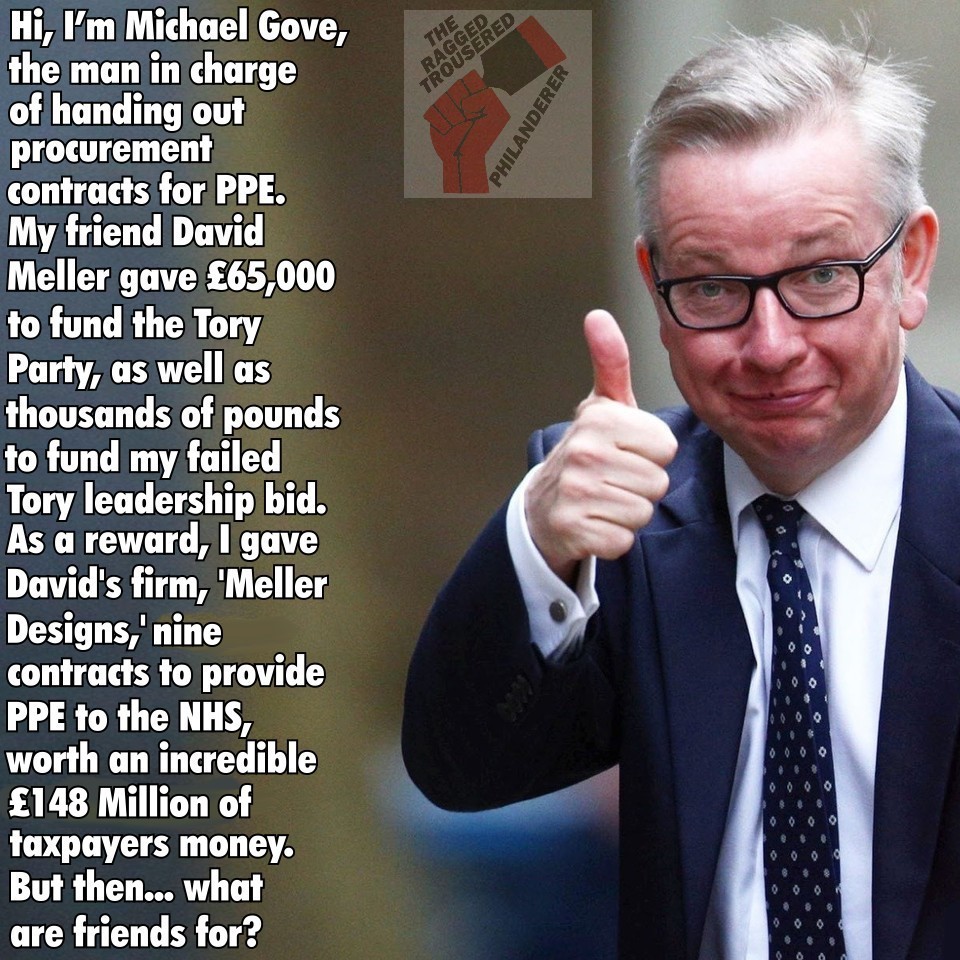 Michael Gove is trending.
During the COVID pandemic, Gove awarded his friend David Meller's company, Meller Designs, six PPE contracts worth £164m through the VIP lane.