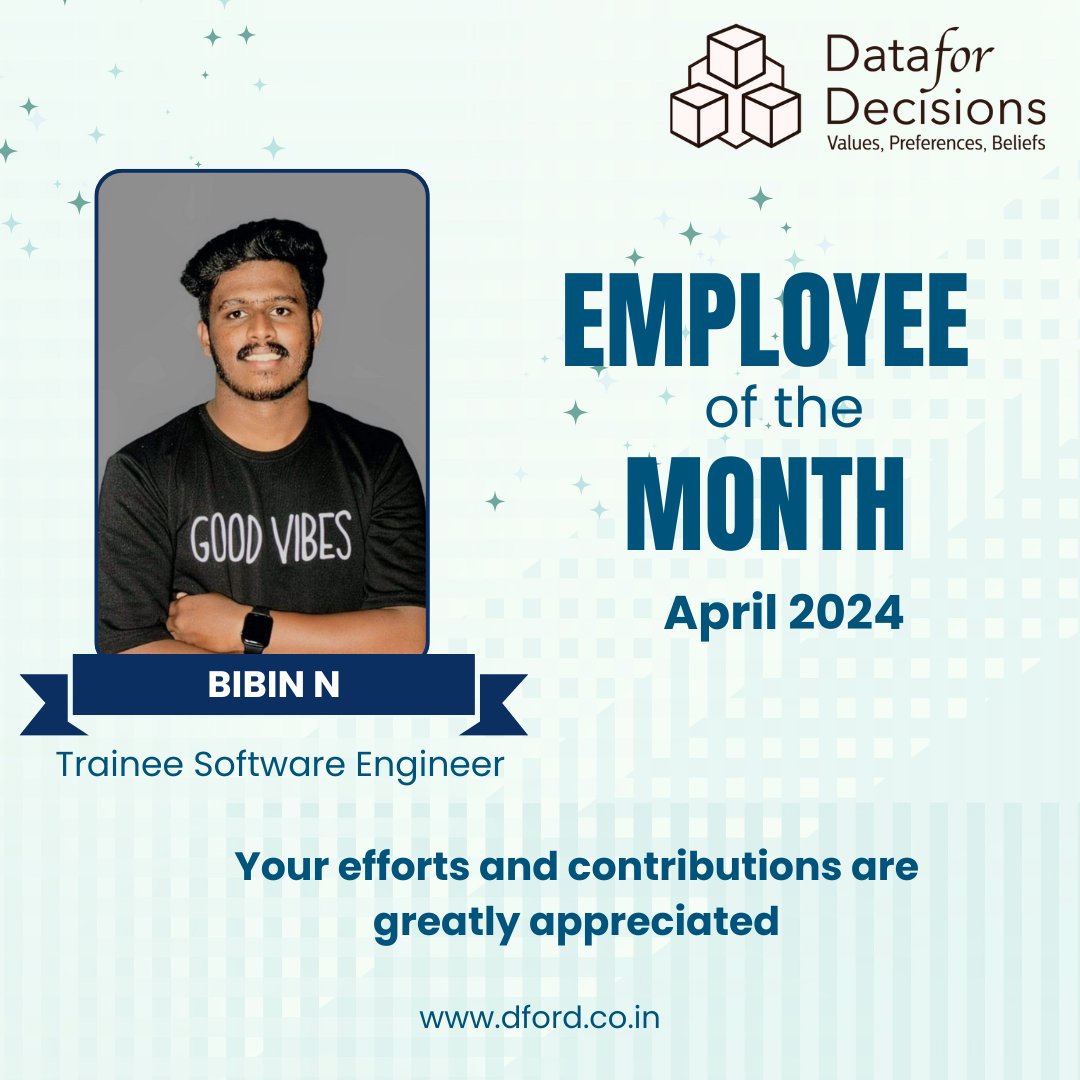 DecisionsFor's tweet image. 𝐄𝐦𝐩𝐥𝐨𝐲𝐞𝐞 𝐨𝐟 𝐭𝐡𝐞 𝐌𝐨𝐧𝐭𝐡 - 𝐀𝐩𝐫𝐢𝐥 2024

We are happy to announce that our Trainee Software Engineer, Mr. Bibin N has been named our Employee of the Month for April 2024.

#EmployeeOfTheMonth #SuccessRecognition #HonoringProfessionalism #TeamSuccess