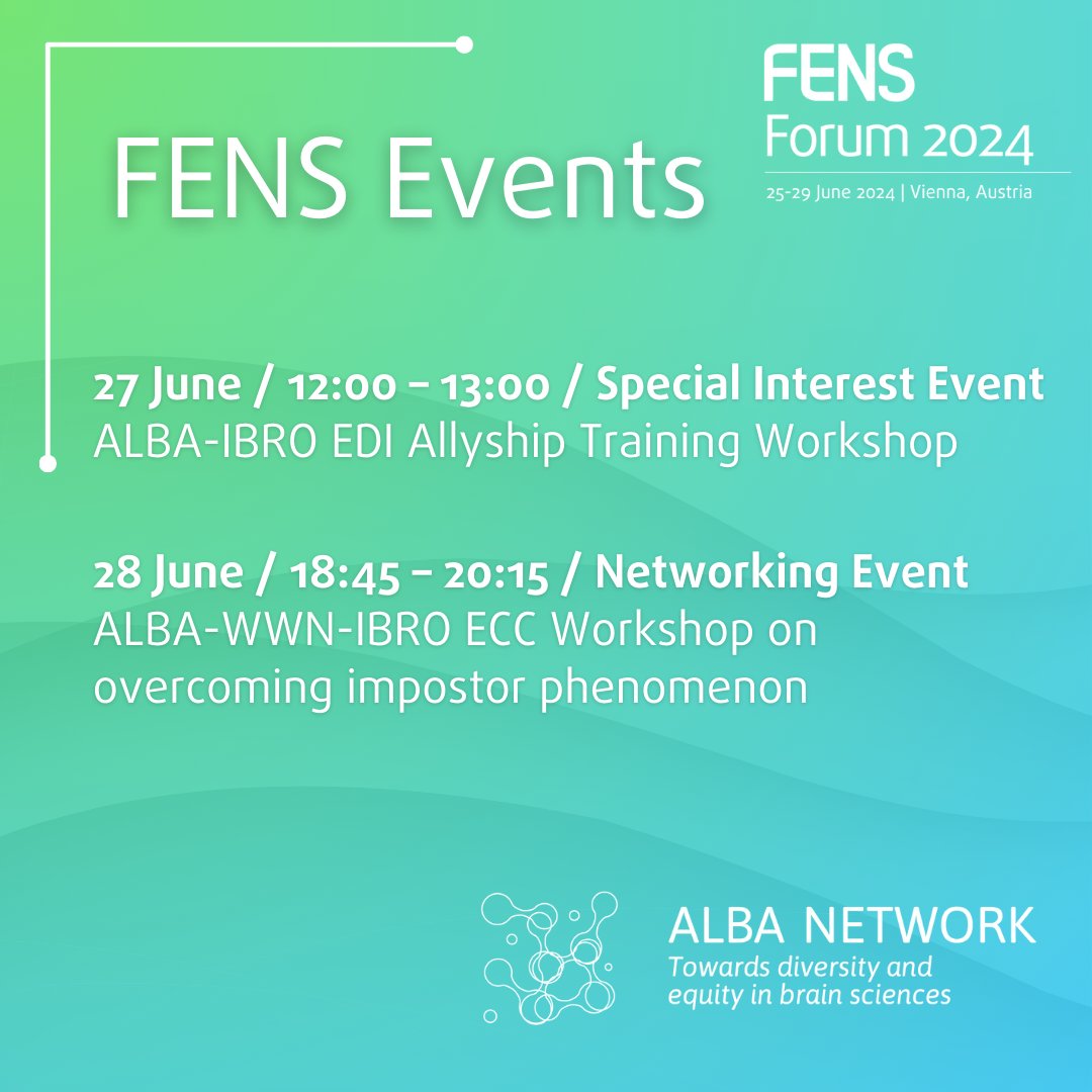 Discover the @network_alba events at #FENS2024! 1️⃣ ALBA-IBRO EDI #Allyship Workshop on how to address discrimination: loom.ly/eMSW-2E 2️⃣ ALBA-WWN-IBRO ECC Workshop on overcoming imposter phenomenon: loom.ly/NLohLDo See you there! 😍🤝 @WorldWomenNeuro @IBROorg