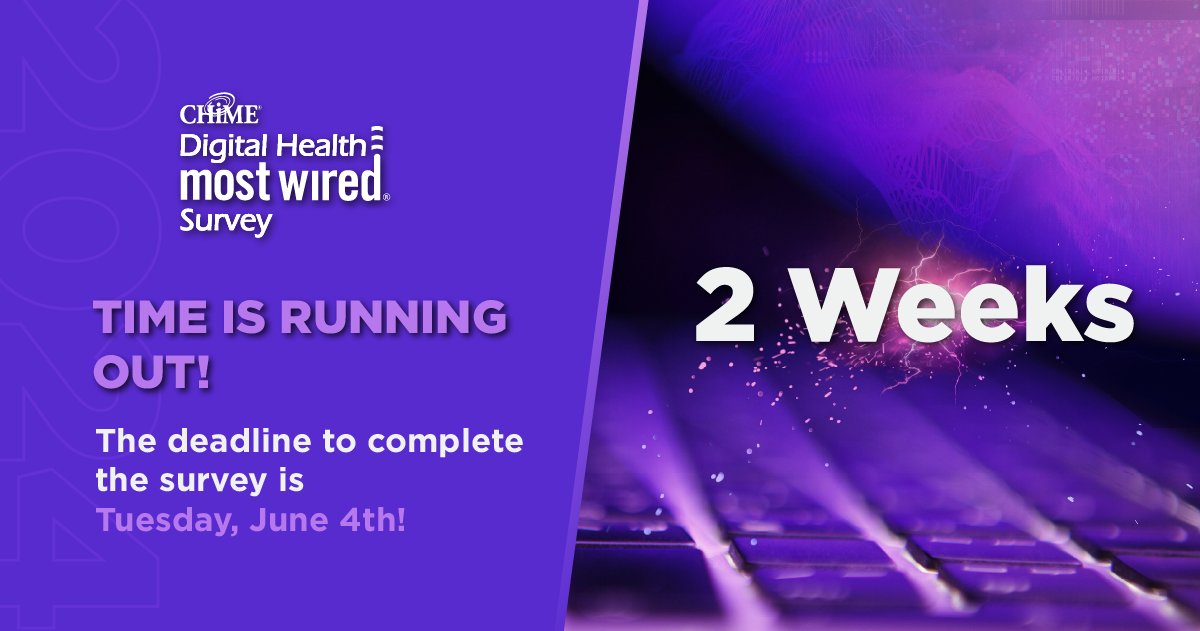 CIOCHIME's tweet photo. Two weeks to go! ⏳ Enhance your organization's reputation by participating in the CHIME Digital Health Most Wired Survey. Register now and be recognized as a leader in digital health. https://t.co/LCvAmR8uCz
#DigitalHealthLeaders #MostWired #HealthcareInnovation https://t.co/VkdVlZihGh