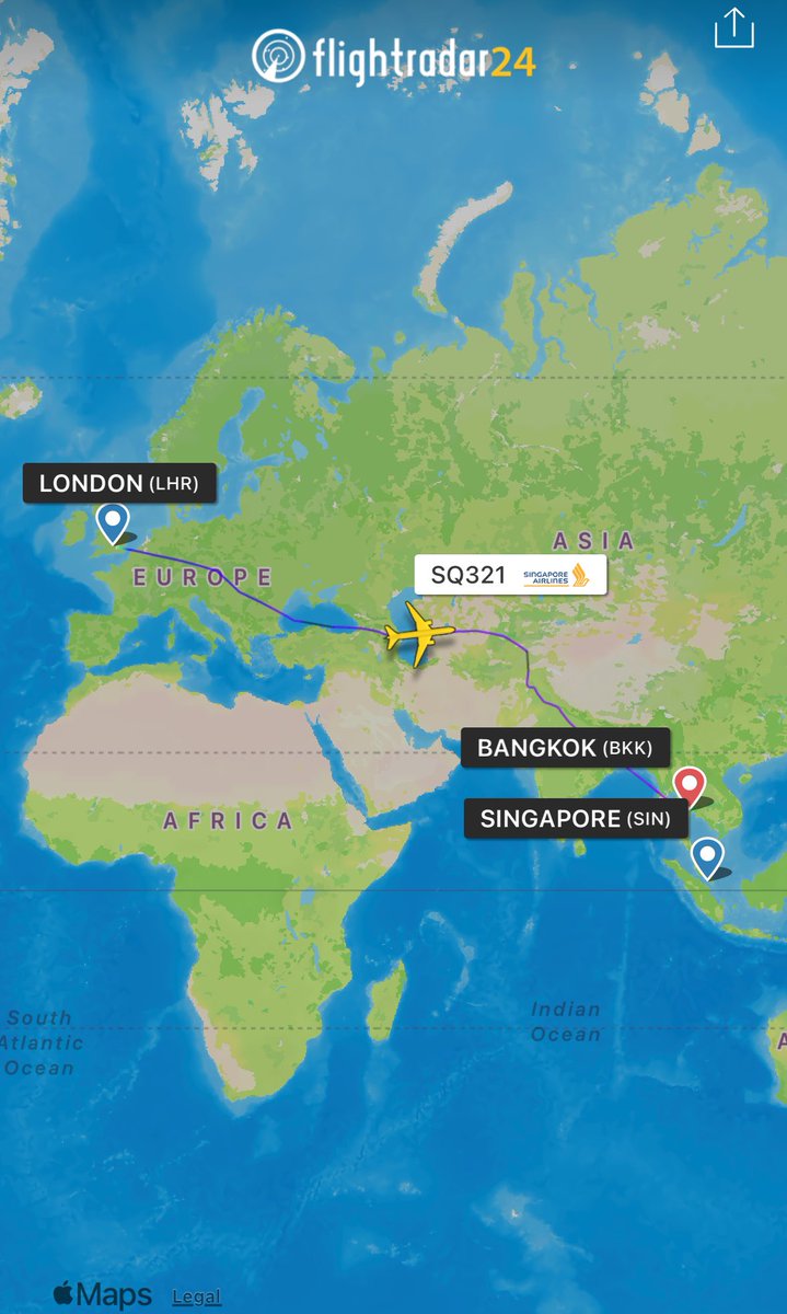 We are aware of reports of one fatality and several injuries following severe turbulence on board #SQ321 from LHR to SIN. The aircraft diverted to Bangkok (BKK). Its flight path can be viewed here. fr24.com/data/flights/s…